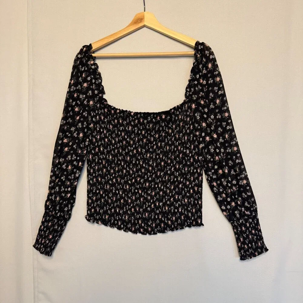 Reformation Pinto Top Smocked Bodice Long Ballon Sleeve Black Pink Freesia 1X